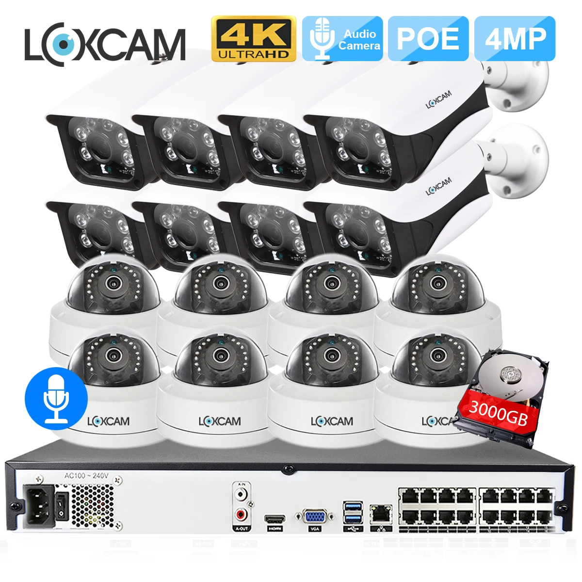 LOXCAM H.265+ 4K 5MP POE NVR CCTV камера системы 4MP Аудио Открытый Антивандальный ночное видение IP камера 16ch комплект видеонаблюдения