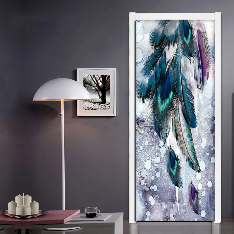 DIY Creative Self-adhesive 3D Door Sticker Modern Fashion Color Feather Living Room Bedroom Door Mural PVC Waterproof Wall Paper