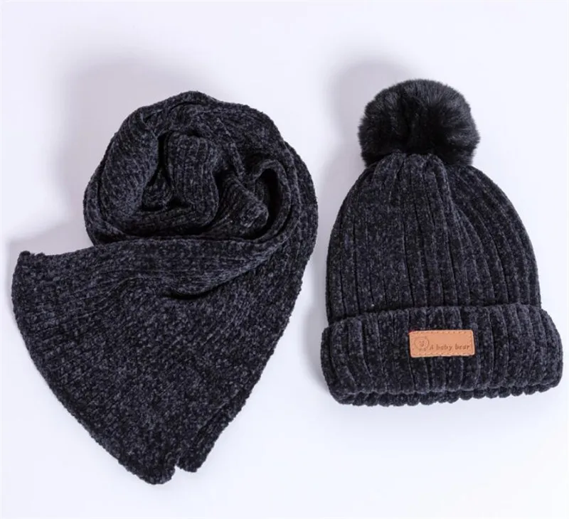 Black 2 Pcs Set Детская зимняя теплая шапка и шарф-перчатка, детский вязаный плюшевый комплект из 3 предметов, шарфы с капюшоном и помпонами для мальчиков и девочек, однотонный костюм для От 0 до 3 лет - Color: Black 2 Pcs Set