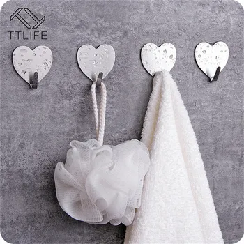 

TTLIFE 10PCS Heart Shape Stainless Steel Sticky Hooks Nail-free Seamless Creative Door Hook Cute Bathroom Decoration Accessories