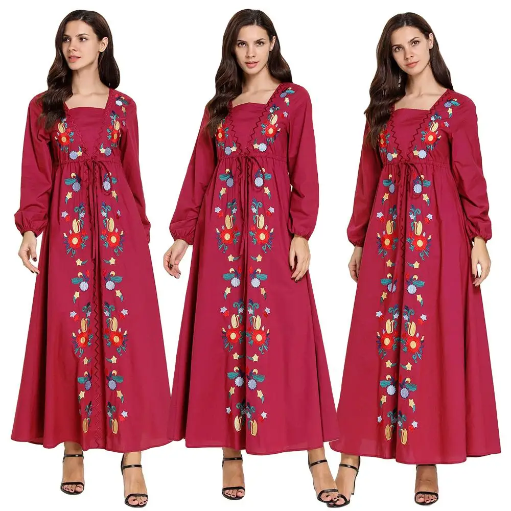 Abaya/длинное женское Платье макси с вышивкой, с пышными рукавами, мусульманское винтажное этническое платье с длинными рукавами и квадратным воротником, Мода