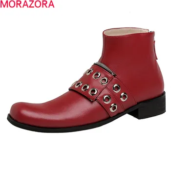 

MORAZORA 2020 New arrival fashion women boots genuine leather boots low heel square toe solid color ankle boots black red