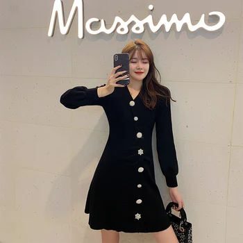 

KMETRAM Vintage Party Mini Dress Women Spring Autumn Knitted Black Dress Elegant Ladies Dresses Long Sleeve Dress Vestidos L2185