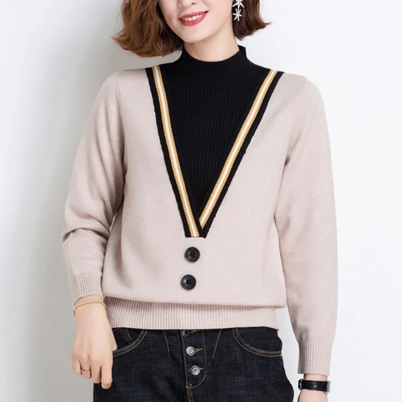 

New Fake Two-piece Women Sweater 2022 Autumn Winter Half High Collar Long Sleeve Pullovers Top Femme Knitted Loose Sweater Mujer