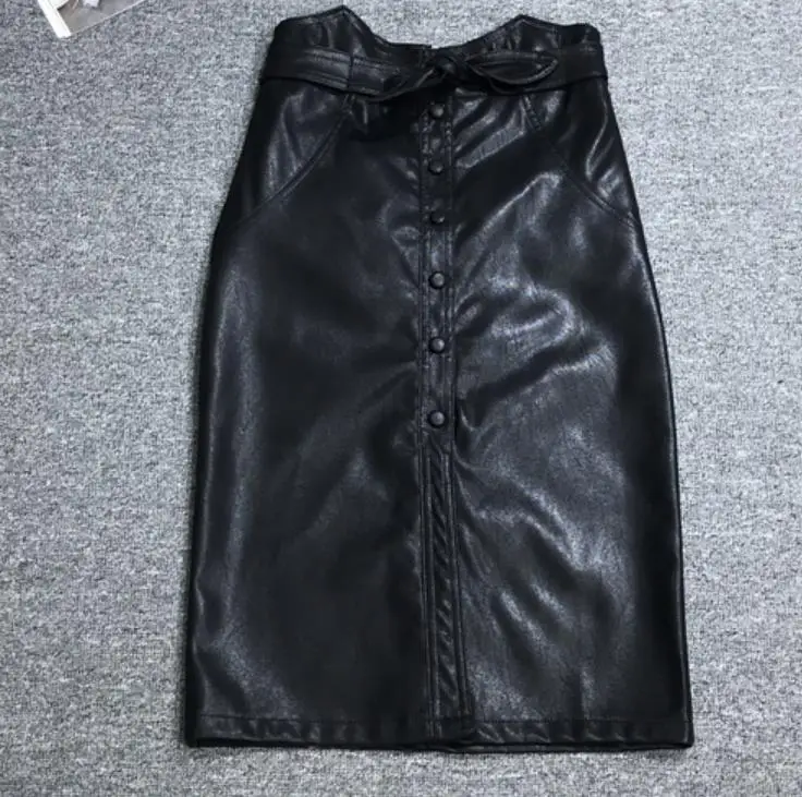 black auutmn Зимняя юбка из искусственной кожи с бантом Женская юбка с высокой талией и разрезом по колено - Цвет: black