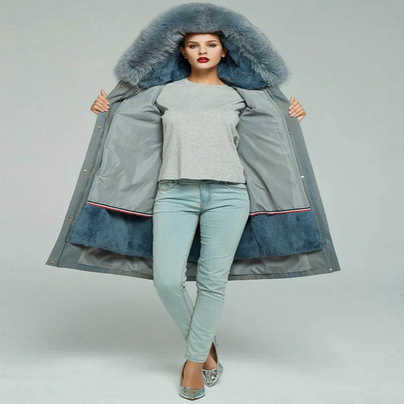 Tcyeek Winter Real Fur Coat Women Streetwear Long Rex Rabbit Fur Liner Jacket Natural Fox Fur Hooded Warm Coats Hiver 9301