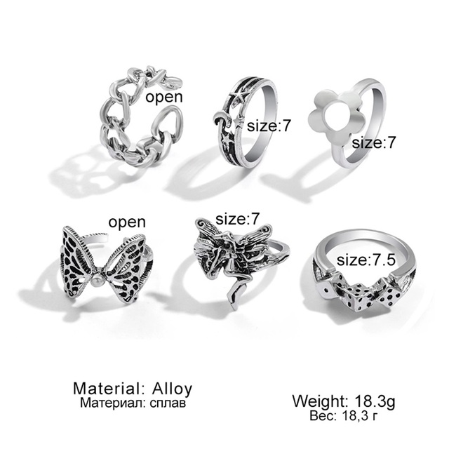 6Pcs Vintage Gothic Butterfly Angle Flower Multi Element Ring Set For Women Men Retro Personality Finger Ring Gifts