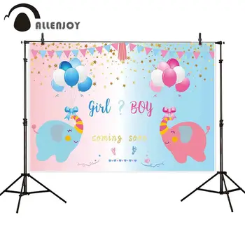 

Allenjoy Gender Reveal Banners Cartoon Elephant Girl Boy Balloon Flag Golden Star Footprint Backgrops Pink Blue Party Decoration