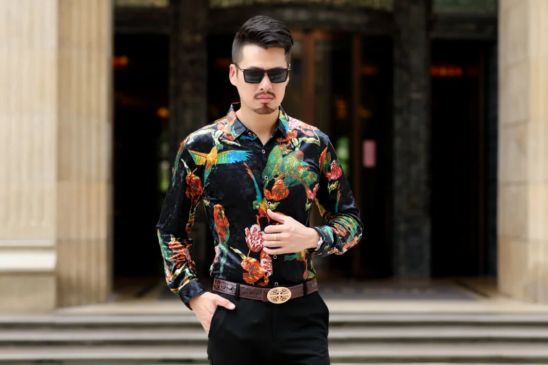Бархатная рубашка с цветочным принтом для мужчин, Camicia Uomo, повседневные мужские рубашки с длинными рукавами, деловые рубашки, Chemise Homme Camisa