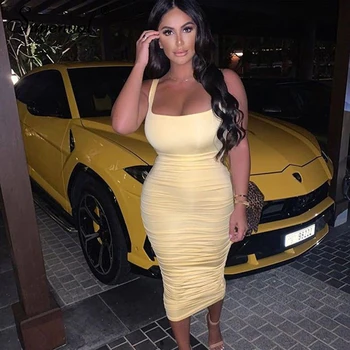 

Simenual Ruched Solid Skinny Bodycon Dresses Women Sleeveless 2020 Summer Fashion Party Clubwear Backless Sexy Midi Dress Basic
