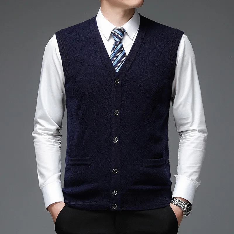 100% Wool Top Grade Autum Fashion Brand Plain Solid Pullover Sweater V Neck Knit Vest Men Sleeveless Casual Men Clothing