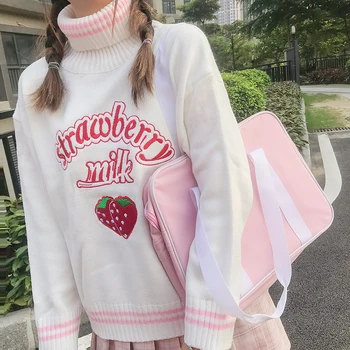 

2 Color New Harajuku Women Sweater Japanese Cute Pullover Kawaii Strawberry Embroidery Sweaters Female Turtleneck Knit Tops