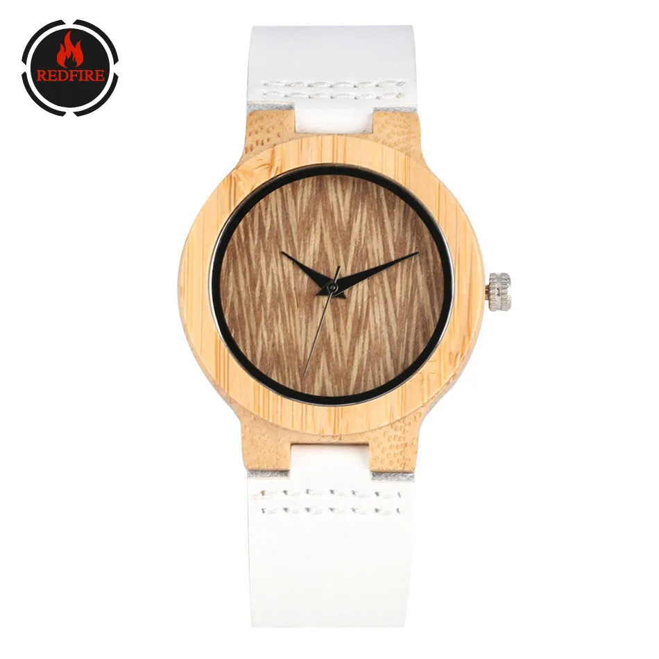 

REDFIRE Elegant Women Watch Natural Bamboo Wood Women's Watches Quartz Ladies Wooden Clock Simple White Genuine Leather Strap