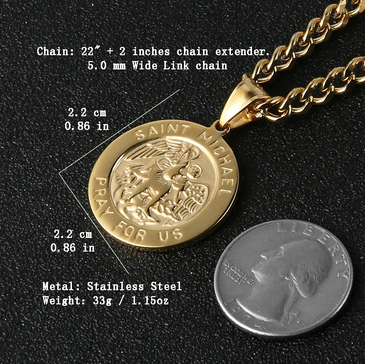 HZMAN St Майкл Archangel Католическая Медаль из нержавеющей стали амулет кулон ожерелье 22+ " Rolo цепь