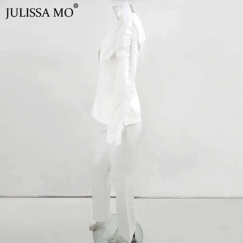 Julissa mo белый с v-образным вырезом сетки сплайсированные сексуальный Блейзер и брюки набор 2 шт для женщин осень зима длинный рукав элегантный пиджак костюмы