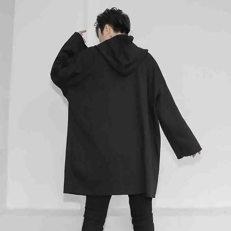 Men's cardigan autumn winter loose in the long hooded coat men's leisure windbreaker youth black large size tide England