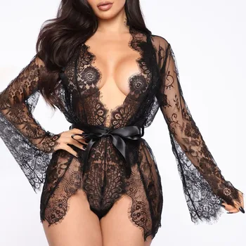 

Sexy Lace Lingerie Erotic Deep V Neck Teddy Kimono Robe Transparent Lenceria Erotica Mujer Sexi Porno Sexy Underwear Plus Size