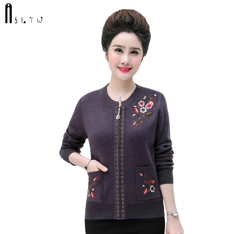 

ASLTW Cashmere Cardigan Coat New Autumn Zipper O Neck Embroidery Cardigan Women Plus Size Thick Sweater Outwear Knitted Sweater