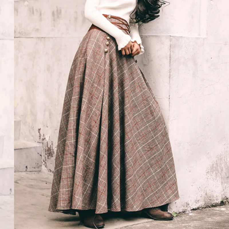 French Chic Vintage High Waisted Button Design Back Lace-Up Corset Skirt Women Autumn Winter Thick A-Line Long Maxi Wool Skirts 2