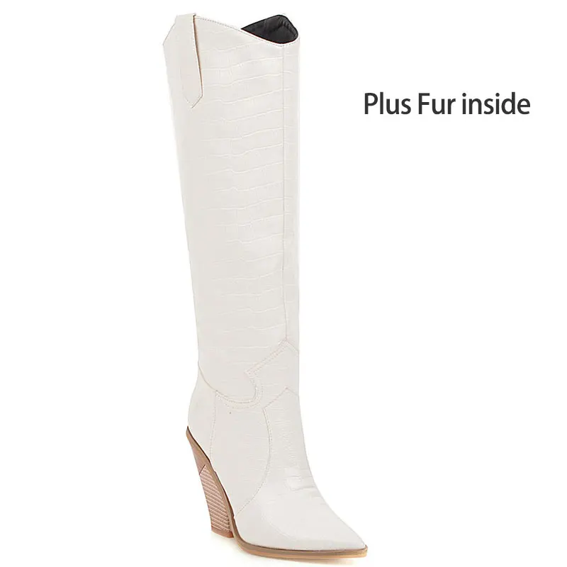 plus fur white Sgesvier/женские сапоги до колена из искусственной кожи ковбойские сапоги на танкетке высокие сапоги с острым носком на высоком каблуке осенне-зимние женские ковбойские ботинки - Цвет: plus fur white