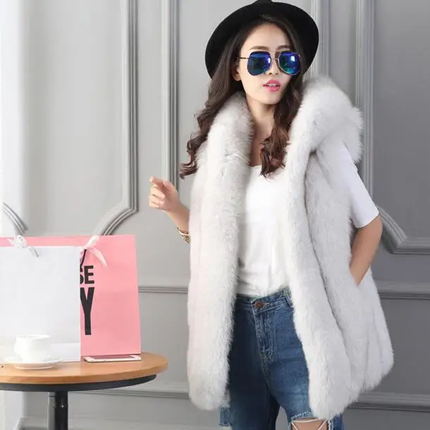 Plus Size Autumn Winter Faux Fox Fur Vest With Hooded High Quality Long Waistcoat Fur Cardigan Woman Vest manteau femme DF607