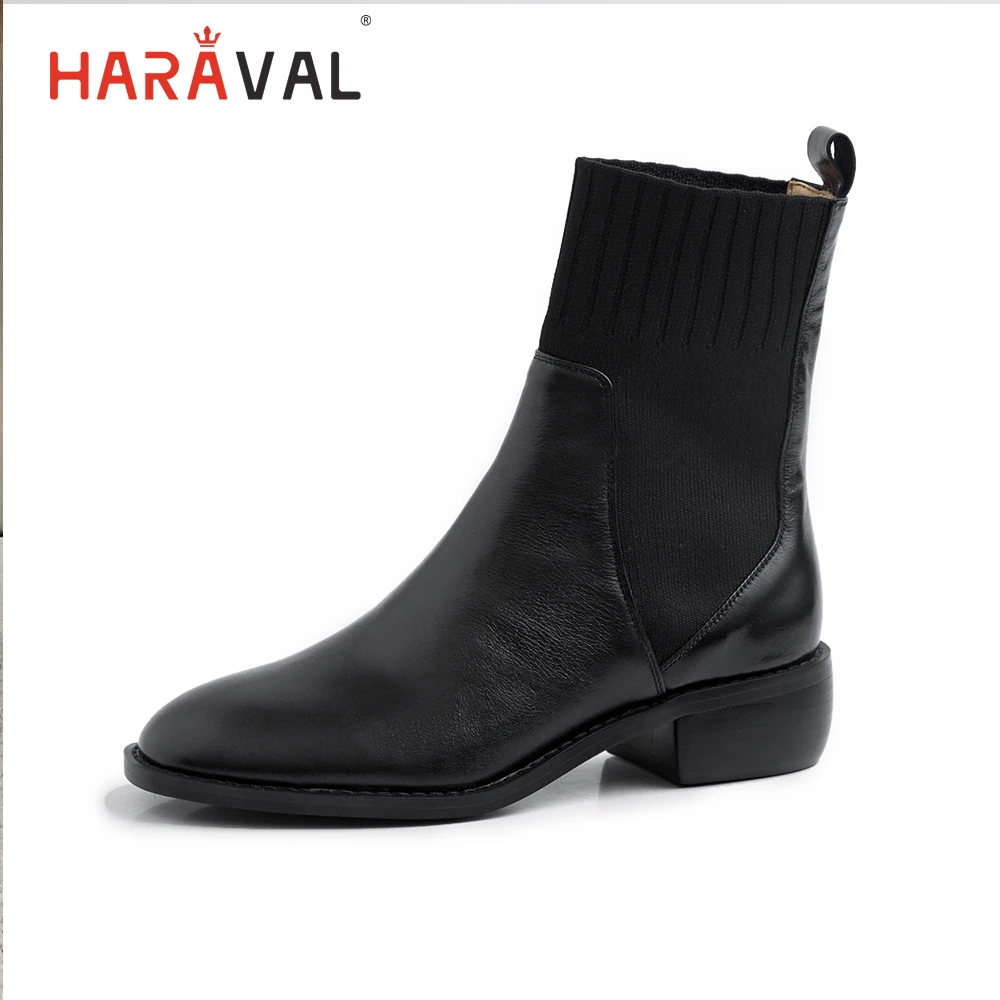 HARAVAL Fashion Vintage Lady Ankle Boot Winter Luxury Genuine Leather Square Toe Low Heels Shoes Solid Slip-on Women Boots B208