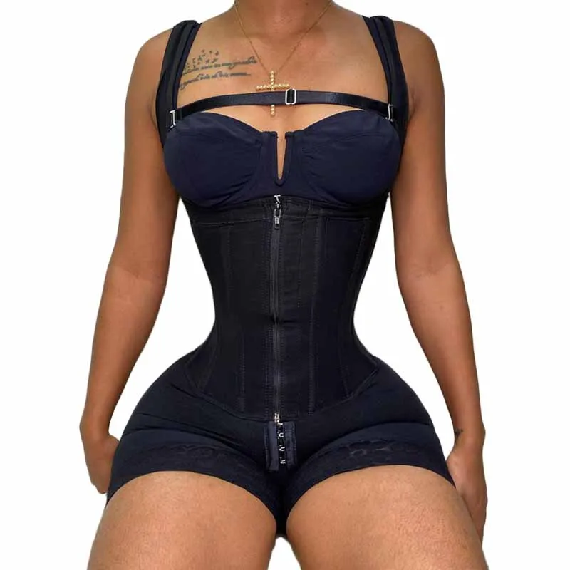 Women's Plus Size Detachable Straps Side Zip Firm Compression Tummy Control  Shapewear Open Bust Body Shaper Fajas Black 3XL