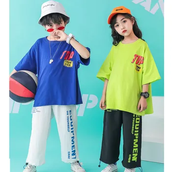 

Summer Children Hiphop Outfits Boys Girls Cotton Clothes Kids Dance Loose T-Shirt Pant Sets Tracksuits For 8 10 12 14 16 Years