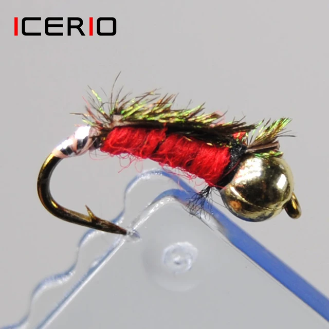 ICERIO 10PCS Red Nymphs Shaggy Wire Caddis Bead Head Fly Trout