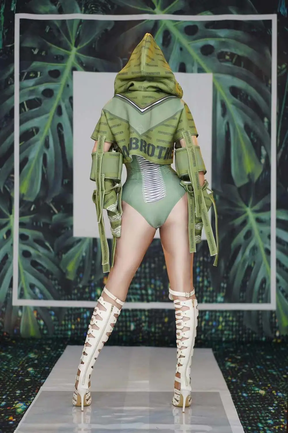 Армейский зеленый Боди с объемным принтом, куртка для бара, ночного клуба, Женский костюм певицы, костюм для сцены, праздничные вечерние костюмы для джазовой команды
