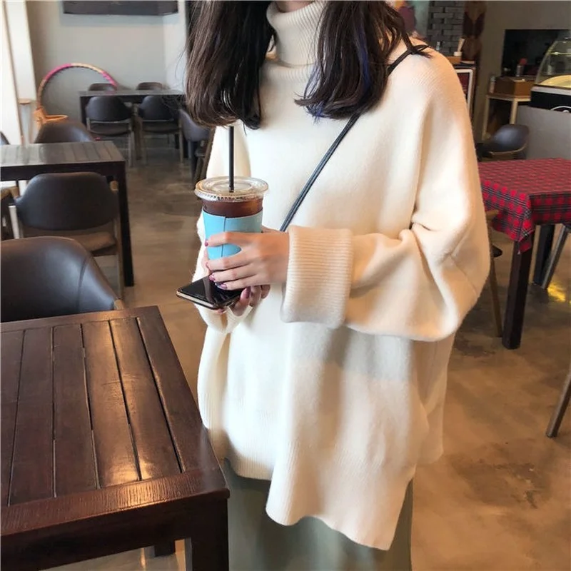 2021 Turtleneck Collar Sweater Women Spring Autumn Solid Knitting Pullovers Oversize Basic Black Blue White Jumper pull femme