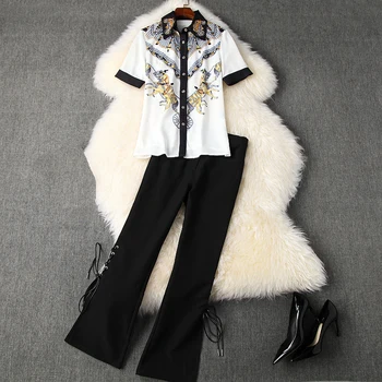 

TOP QUALITY Newest 2020 Stylish Runway Suit Set Women's short Sleeve Beading Retro Art Print Blouse Shirt Lacing Rope pants Set