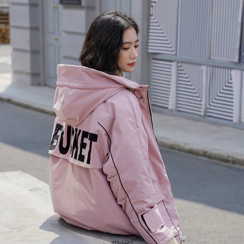 

Winter South Korea Sweet Hipster Printed Letter Loose Thick down Cotton Hooded Workwear Cotton Overcoat Women's Fashion