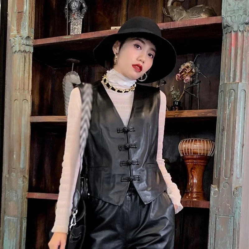 100 の買戻し率 女性のための本革オフィスベスト ヴィンテージの女性の秋のベスト Vネック シングルブレスト ノースリーブのタンクトップ シープスキン ジャケット 22 最高のショッピング Ongoing Southloopmarket Com