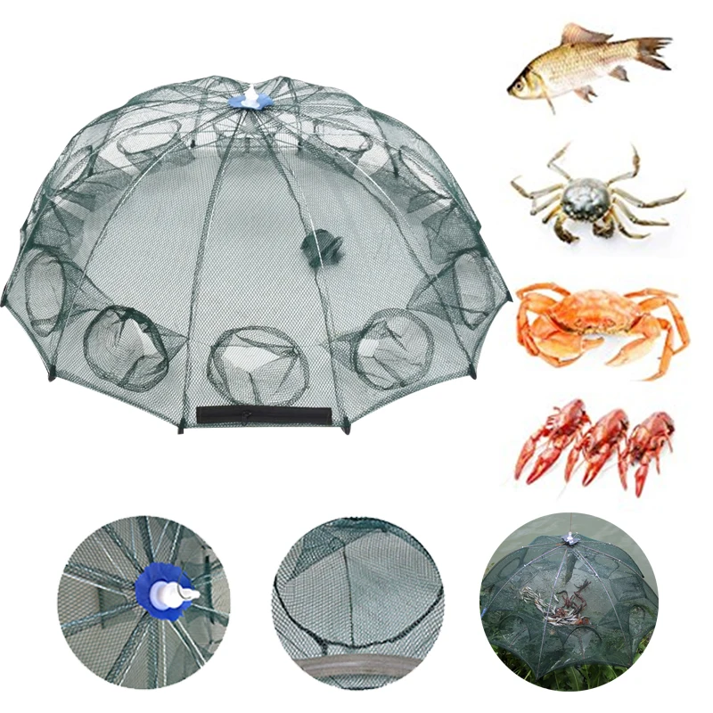 Portable Shrimp Cage Fishing Cage Green Fish Bag Hand Throw Net Fishing Net Durable 12 Holes Practical