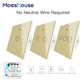 

Gold WiFi Smart Wall Switch No Neutral Wire Needed Wireless Smart Life Tuya Remote Control Single Fire Work With Alexa RF433