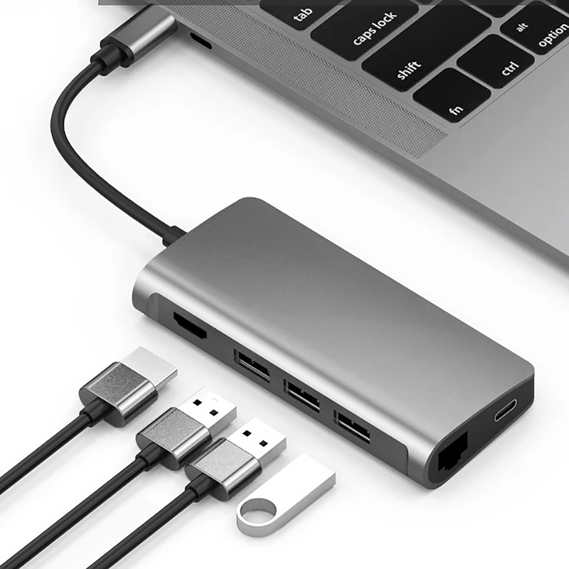 8 в 1 usb хаб для передачи данных типа C с портовым 3 USB 0 + 4K HDMI Micro SD Type PD RJ45 гигабитный