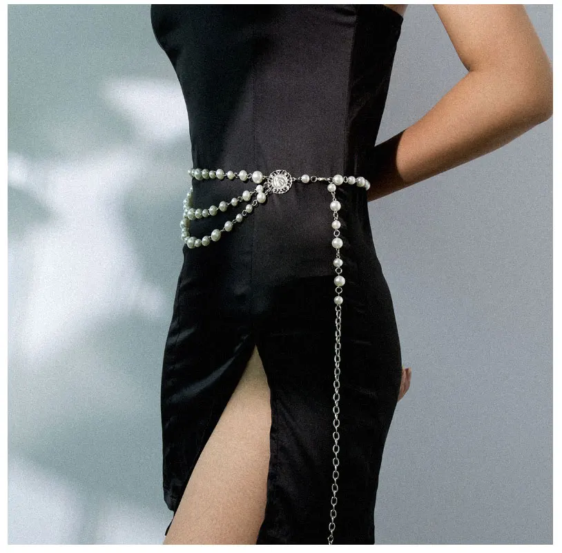 Женский ремень с бахромой и серебряным жемчугом, женское винтажное платье, поясные цепные ремни, женские дизайнерские Длинные платья цепочки 284
