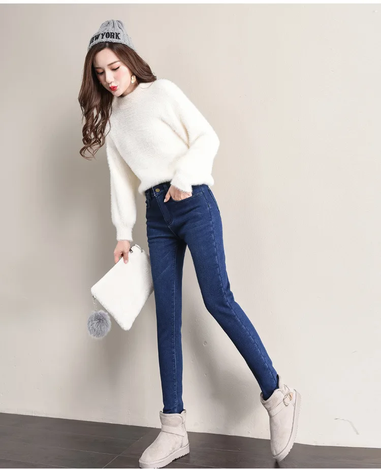 Зимние женские теплые обтягивающие джинсы с высокой талией, узкие плотные флисовые джинсы-карандаш, женские повседневные брюки, Femme, большие размеры