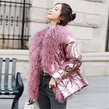 

Winter Jacket Women White Duck Down Coats Real Large Natural Lamb Fur Collar Loose Parkas Outerwear Waterproof Glossy Jackets