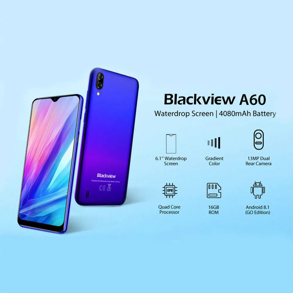 Смартфон Blackview A60 экран 6 1 дюйма 19 2:9 Full Waterdrop аккумулятор 4080 мА*ч Android 8.1 ПЗУ Гб 16