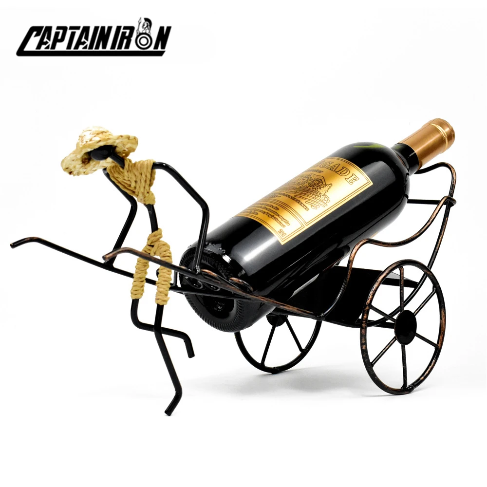

CAPTIANIRON Man Wearing Straw Hat Rickshaw Wine Stand Retro Iron Wine Holder Beer Holder Metal Decoration for Bedroom Home Decor