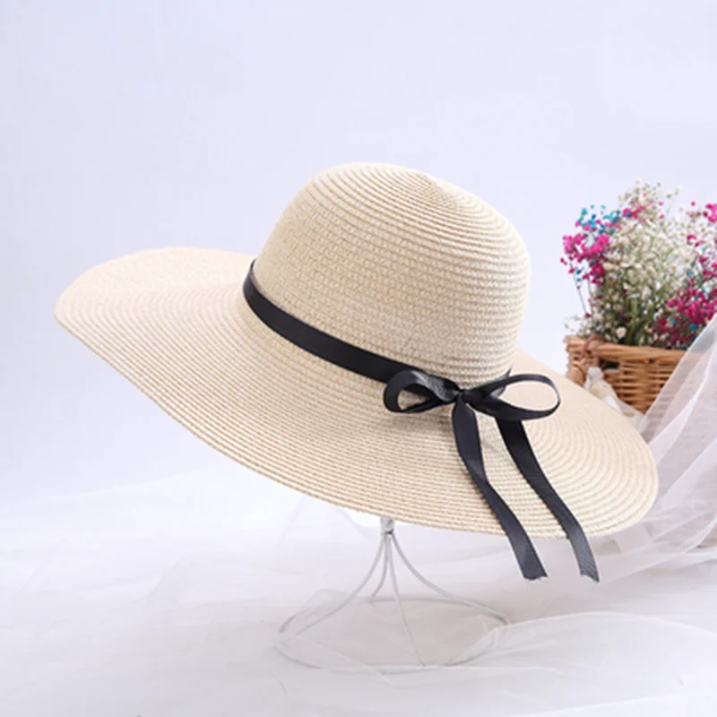 Summer Brand Women Big Wide Brim Ribbon Sun Hat Black Bow Beach Hat Girls Outdoor Travel Floppy Straw Hats UV Protection Panama