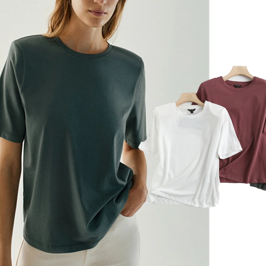 Maxdutti Camisetas Verano Mujer 2021 England Style Fashion Muliticolor Cotton O-neck Simple Shoulder Pads Summer T Shirt Women | Женская