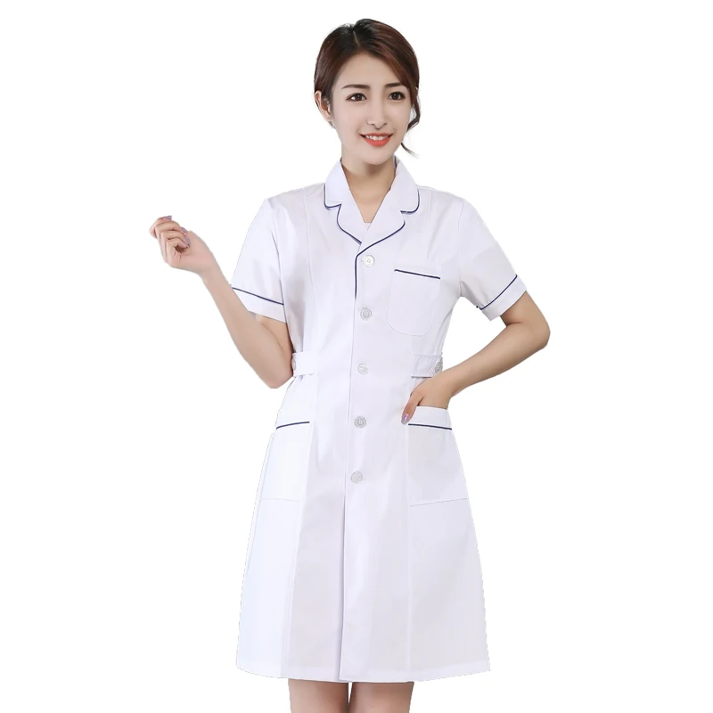 

White gown short-sleeved round neck with edge nurse dress female long-sleeved doctor suit medical school beauty pharmacy uniform