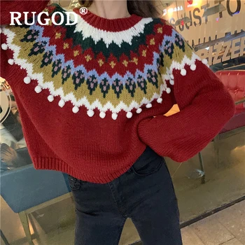 

RUGOD Vintage Christmas sweater women Korean chic round neck knitted pullovers female 2019 Winter warm fashion sweats jumperr