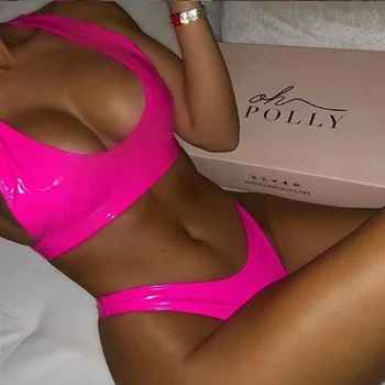 

2PCS Women Sexy PU Leather Bikini Set Women Swimwear Push Up Padded High waist Thong Bikini Bathing Suit Beach Brazilian