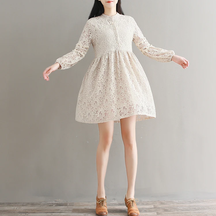 Mori girl robe Femme весеннее элегантное винтажное платье с круглым вырезом, бисером и рукавами-фонариками, кружевное мини-платье с высокой талией в стиле пэчворк AF826
