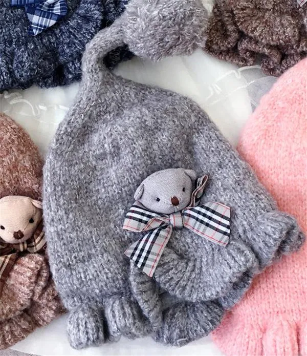 Детские шапочки Skullies Beanies для мальчиков и девочек, зимняя однотонная шапка с ушками медведя из мультфильма, теплые плотные эластичные модные аксессуары - Цвет: 1