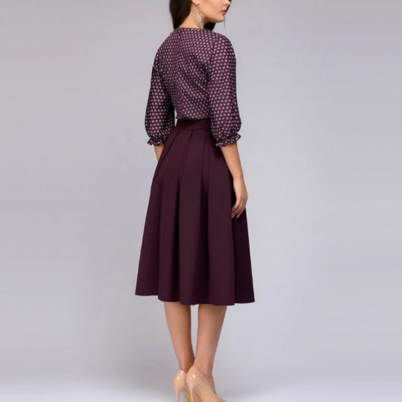 Women vintage dress Casual office a line Dress Round Neck 3/4 Sleeve Polka Dots Printed elegant ladies dresses party
